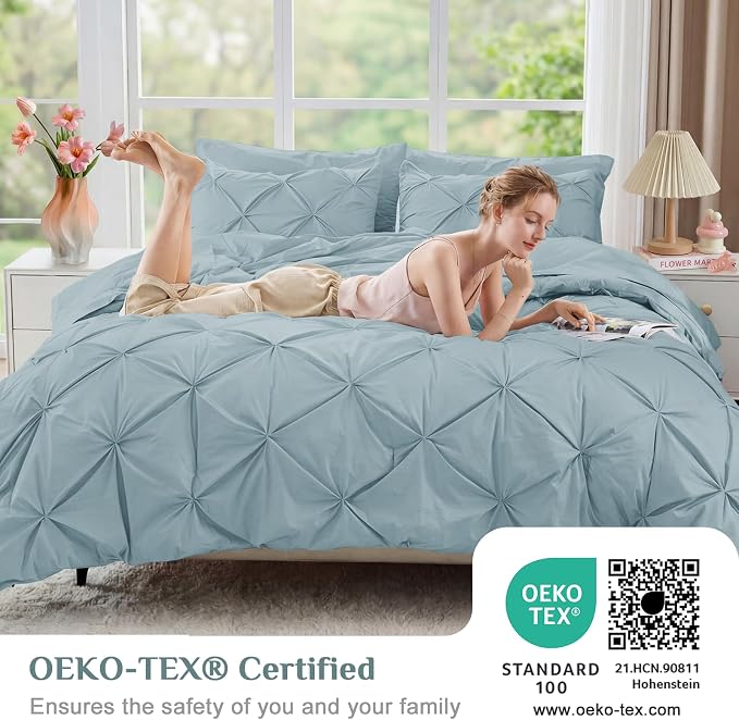 JOLLYVOGUE Full Size Comforter Sets 7 Pieces - Bed in a Bag Full for All Season, Pintuck Bedding Comforter Sets with Comforter, Flat Sheet, Fitted Sheet and Pillowcases & Shams, Greyish Blue