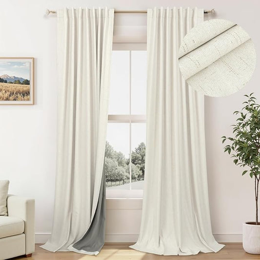 100% Blackout Curtains 90 Inch Long for Living Room 2 Panel Boho Modern Farmhouse Room Darkening Thermal Curtain for Winter Insulated Cream Linen Drape for Bedroom Aesthetic Patio Sliding Door Length