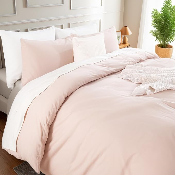 NEXHOME PRO Duvet Cover Set 100% Washed Cotton Full Size Linen Feel Textured Organic Natural 3 Pieces Bedding Set Greyish Light Pink with Zipper Closure and Corner Ties, Breathable(No Comforter)
