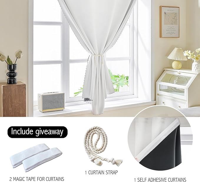 AJAZZ 100% Blackout Shades Window Cover Self Adhesive Curtains Sticky Curtain Portable Easy Open Black Out Curtains for Bedroom Living Room No Drilling (White, 35" W x 71" L 1 Panel)
