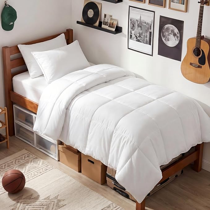 EASELAND Twin XL Down Alternative Comforter, White, 68x92 Inches | College Dorm Quilted Duvet Insert, Soft Lightweight Bedding with Corner Tabs, Breathable Machine Washable Dorm Essentials