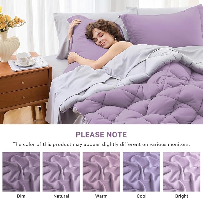 5 Pieces Twin Comforter Set, Reversible Bed in a Bag Twin Size, All Season Bedding Set with Comforter, Flat Sheet, Fitted Sheet, Pillowcases & Shams, Greyish Purple & Light Grey