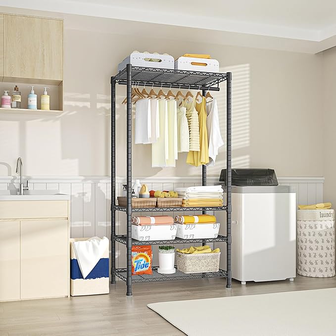 Ulif H2 Heavy Duty Clothes Rack, Freestanding 4 Tiers Garment Rack for Hanging Clothes with Shelves and Hangers, Closet Organizers and Storage Metal Closet Wardrobe System, Max Load 500 LBS, Black | Metal Closet System for Hanging Clothes with Shelves ...