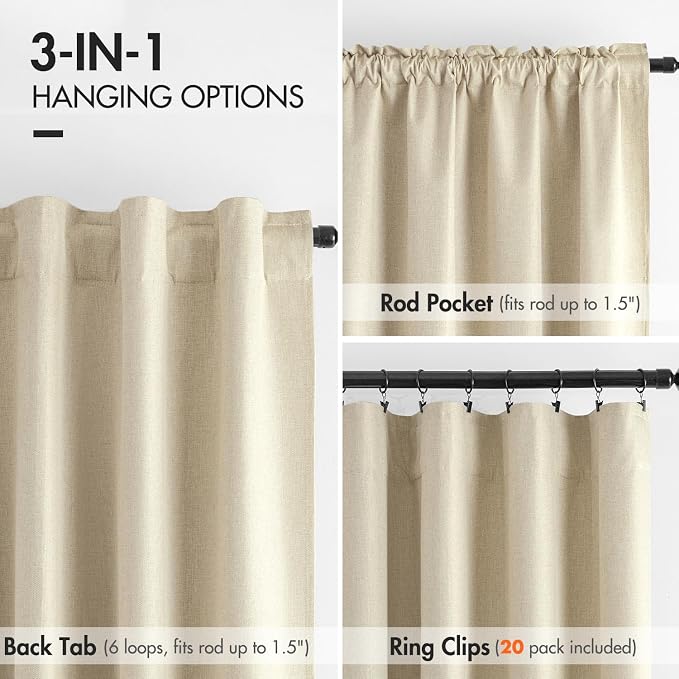 MIULEE 100% Blackout Curtains Linen Curtains & Drapes 84 Inch Cream Beige | 2 Panels, Full Black Out, Thermal Insulated, Room Darkening Window Curtains for Bedroom Living Room , Back Tab & Rod Pocket