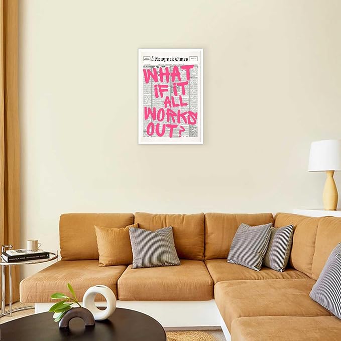Drimiler Retro Newspaper Pink Font Poster What If It All Works Out Canvas Wall Art Positive Affirming Quote Minimalist Prints Painting For Home Bedroom Dorm Wall Decor 8x12in Unframed