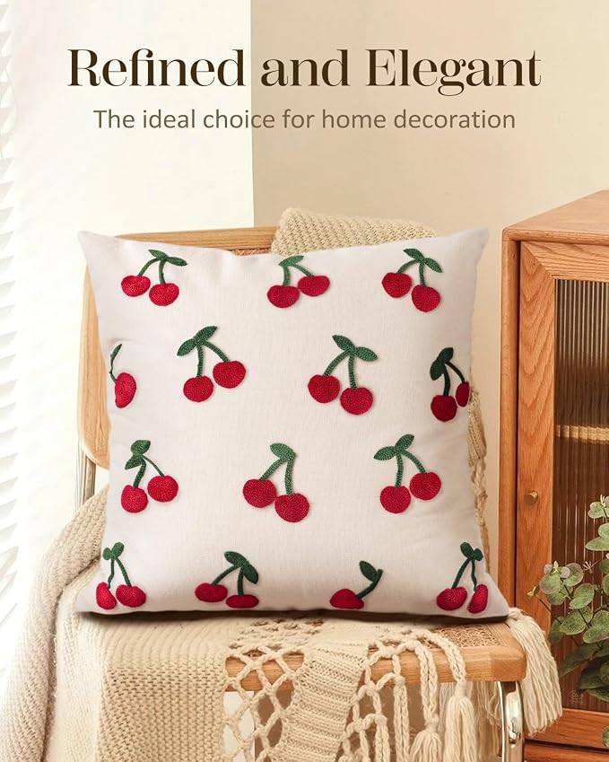 Embroidered Throw Pillow Cover 18x18 Inch - Spring Summer Boho Decorative Pillow Cover with Zipper for Living Room Couch Sofa Bed Aesthetic Design Little Cherry Cushion Pillowcase (Pack of 2)