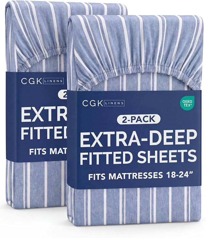 2 Pack Extra Deep Queen Fitted Sheets with Deep Pockets - Blue Stripes | Hotel Luxury Bottom Fitted Sheets Only, Soft, Fade & Wrinkle Free, Breathable & Comfy, All Around Elastic Fitted Sheets