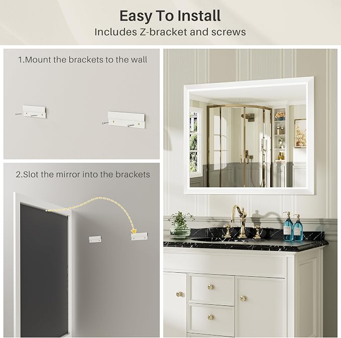 Bathroom Wall Mirror, White Metal Frame, 48x36 Inch | Anti-rust, HD tempered glass, for bathroom vanity, bedroom, living room, horizontal or vertical mount