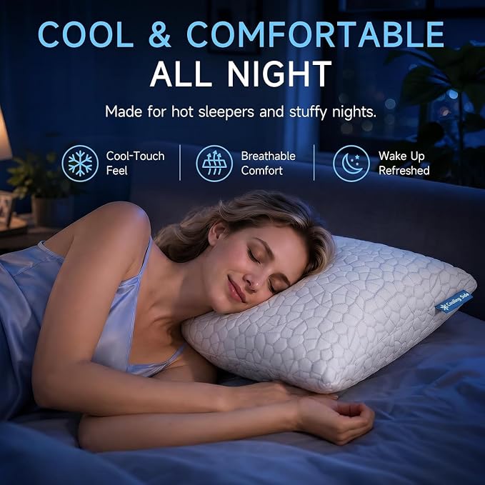 QUTOOL Cooling Pillow for Sleeping, CertiPUR-US Shredded Memory Foam Queen Pillow Set of 1, Cool Pillow for Hot Sleepers Adjustable Firm Pillow for Side, Back, Stomach Sleepers Soft Yet Support, White
