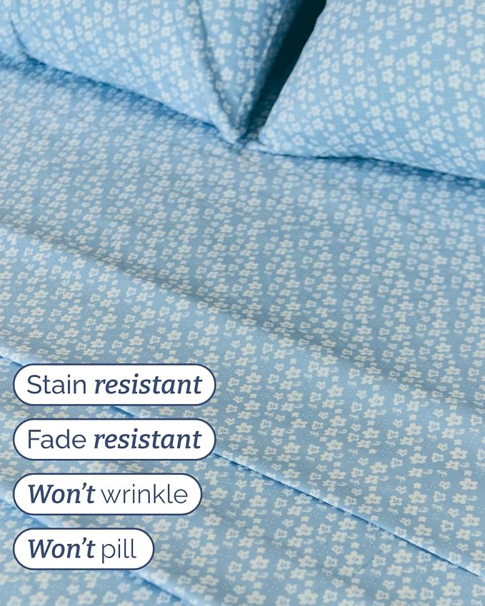 Cal King 4 Piece Floral Sheet Set - Breathable & Cooling - Blue Meadow | 1 Flat, 1 Fitted & 2 Pillowcases w/ Deep Pockets, Boho Botanical Floral Bedding, Breathable & Cooling, Wrinkle & Fade Free