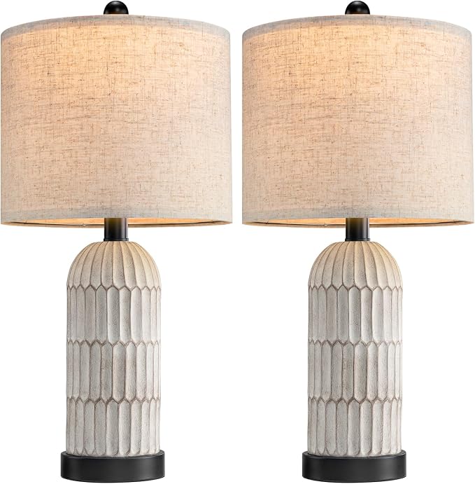 OYEARS 22.5" Bedside Table Lamps Set of 2, Farmhouse Table Lamp with USB A+C Charging Ports,Vintage Nightstand Lamp for Bedrooms and Living Rooms, Retro Resin End Table Lamp with Linen Shade, Black