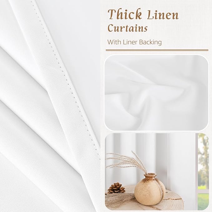 White 100% Blackout Linen Bedroom Curtains 63 Inches 2 Panels | Neutral Drapes for Short Windows, Farmhouse, Thermal Insulated Panels, Rod Pocket Back Tab, with White Liner, 38 x 63 Inch