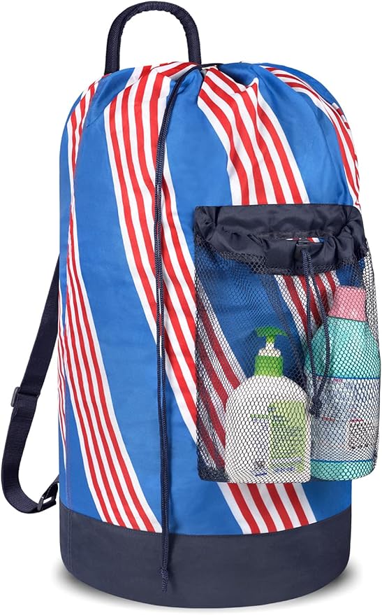Backpack Laundry Bag with Shoulder Straps and Mesh Pocket Durable Nylon Clothes Hamper Bag with Drawstring Closure for College, Travel, Laundromat, Apartment