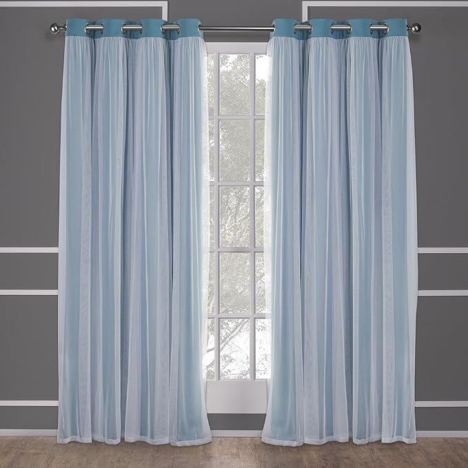 TOWN & COUNTRY LUXE Talia Double Layer Indoor Curtains, Sheer and Room Darkening Blackout, Grommet Top, Energy Efficient, 2-Pack Set, 52"x84", Turquoise