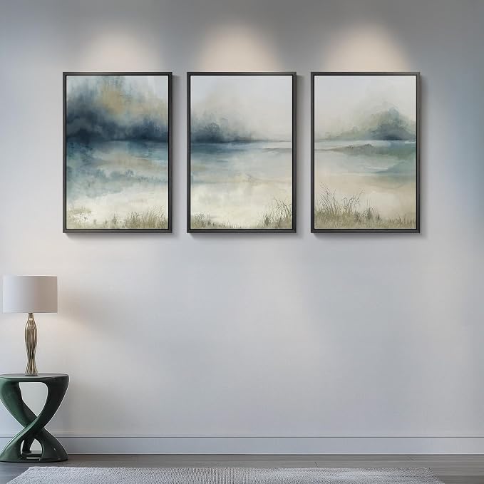Large Framed Blue Abstract Landscape Wall Art, 3 Piece Set, Each 20x30 In | Misty lake mountain pictures, Watercolor canvas prints, Nature painting, Artwork for wall, Wall decor for living room bedroom