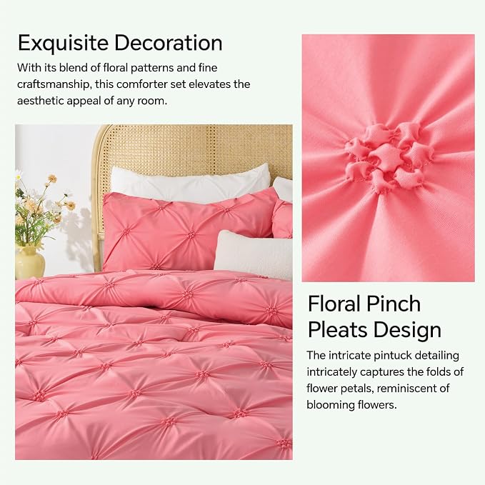 BEDELITE Twin Comforter Set Strawberry Pink,Lightweight & Soft Comforter | Pintuck Boho Bedding, Warm & Cute Bed Set for All Season,With 1 Pillowcase