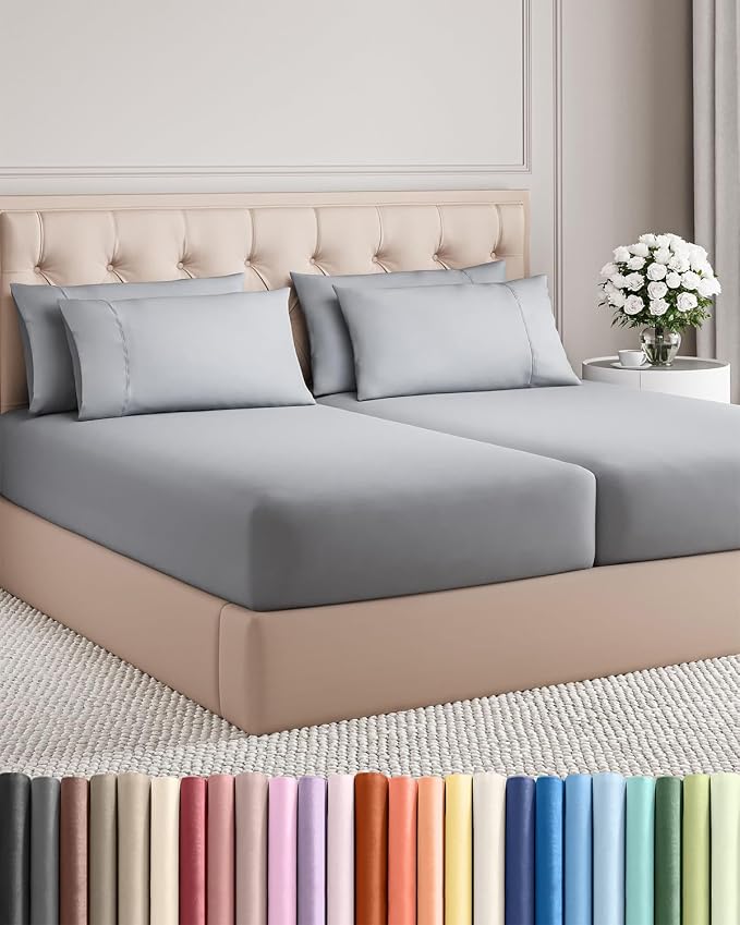 Split King 7 Piece Bed Sheet Set - Comfy, Breathable & Cooling - Steel Blue | Ultra-Soft Hotel Luxury Bedding Set w/ 8-16 Inch Deep Pockets, 1 Flat & 2 Fitted Sheet & 4 Pillowcases, Wrinkle & Fade Free
