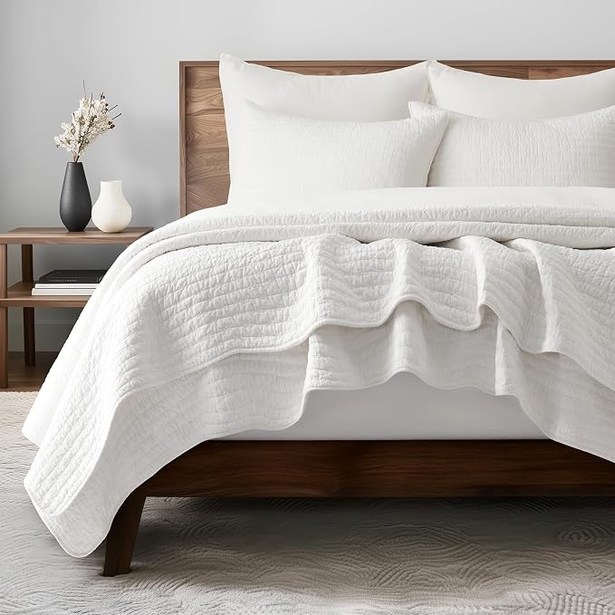 100% Cotton Cross Stitch 3-Piece Quilt Set, Queen, Bright White | 100% Cotton, Elegant Cross Stitch, Soft & Breathable, Prewashed Softness, Oversized Design, OEKO-TEX® Certified