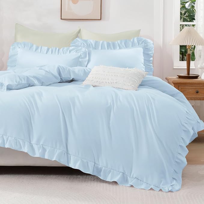 Andency Light Blue Ruffle Duvet Cover King, Shabby Chic Bedding Set | 3 Pieces Soft Washed Polyester Vintage Ruffled Comforter Cover Set with Zipper Closure & Corner Ties, 104x90Inch