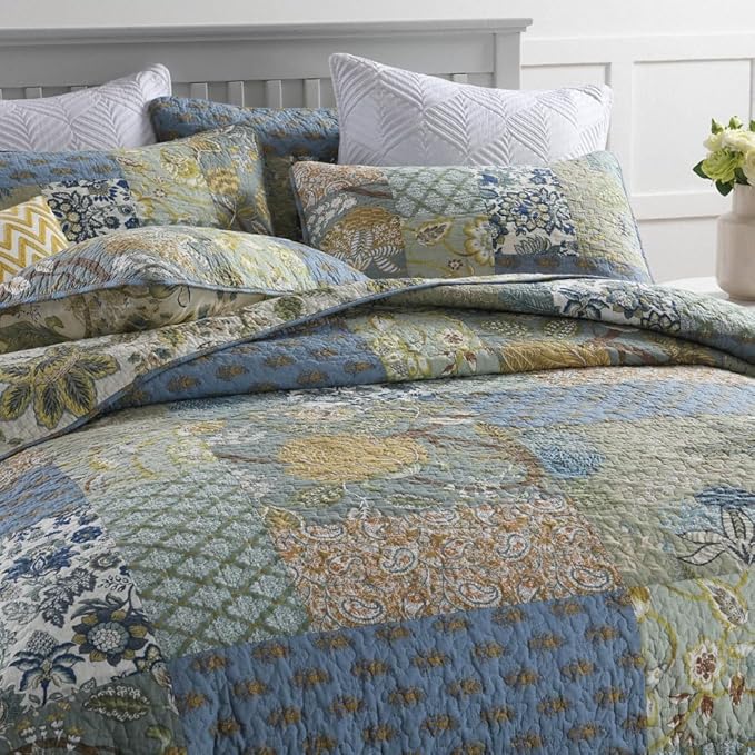VISIMISI Cotton Bedspread Quilt Sets Reversible Bedding Coverlet Sets 3 Pieces Vintage Floral Patchwork Paisley Green Rustic Bedspread, Queen Size