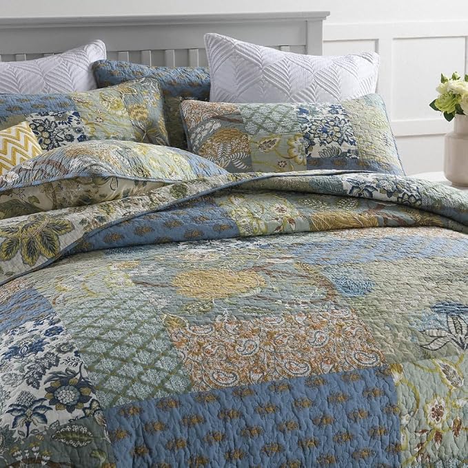 ENASAL Cotton Bedspread Quilt Sets Reversible Bedding Coverlet Sets Comforter,Patchwork Vintage Paisley Rustic Turquoise Bedspread, King Size