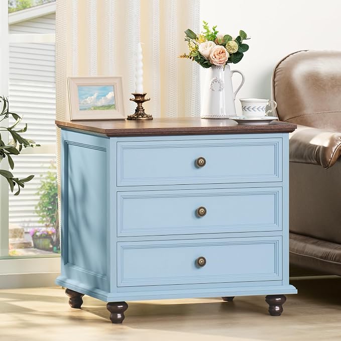 Joaxswe 24" Wide Farmhouse Night Stand Set of 2,Large End Table with 3 Drawers & Metal Handle,Wood Dresser for Bedroom Cabinet,Light Blue Bed Side Table Chest of Drawers,Nightstand for Living Room