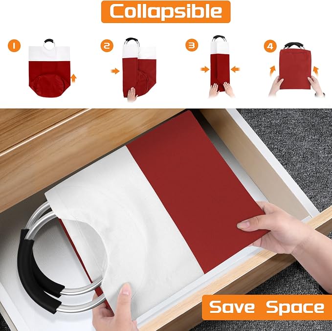 BlissTotes 115L Laundry Basket, Freestanding Collapsible Hamper, Red | Collapsible Dirty Clothes Hamper, Foldable Laundry Bag for Dorm, Waterproof Fabric, Padded Aluminum Handles