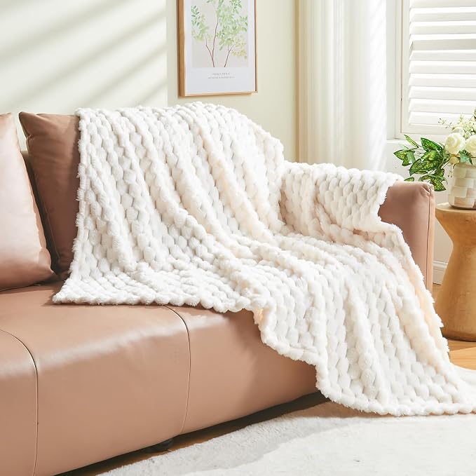NEWCOSPLAY Fleece Clouds Cozy Twin Blanket for Couch, Ivory, 60"x80" | Premium Silky Flannel Blanket, Soft Lightweight Fluffy Throw Blanket for Bed Sofa Decor, Gift for All Season Use