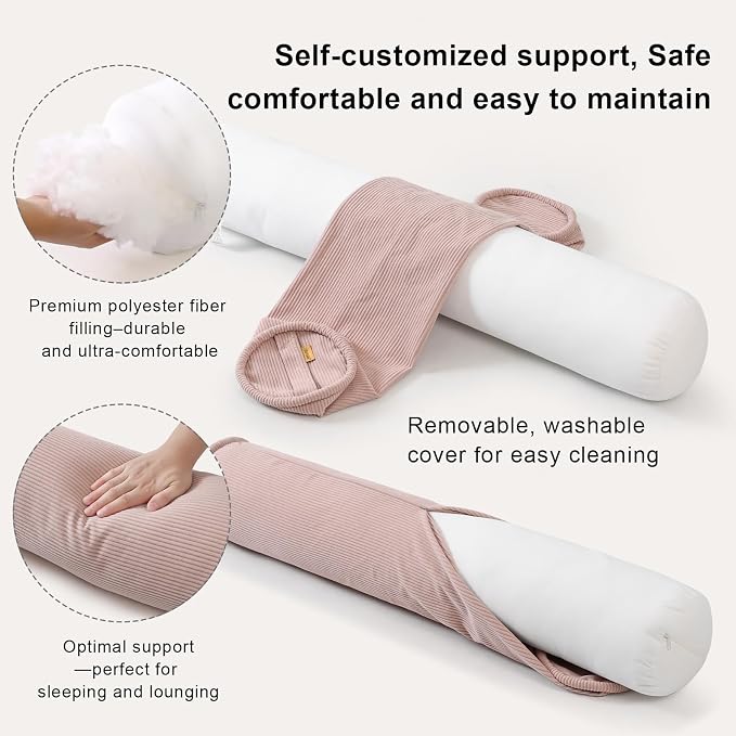Long Round Body Pillow for Adults, Bolster Pillow for Side Sleeping, Soft Decorative Cylinder Pillow for Bed & Couch, Supportive Tube Pillow for Resting,47 x 7.87 Inches,Pink