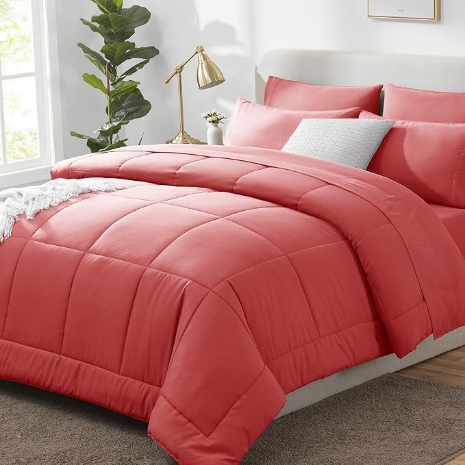 King Size Comforter Set Coral - 7 Pieces Bed in a Bag | OEKO-TEX Certified, All-Season, Bedroom, Guest Room, Down-Alternative Comforter + Flat & Fitted Sheets + 4 Pillowcases