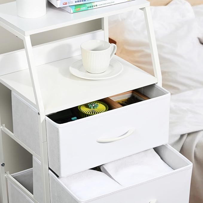 4 Drawers Small Fabric Dresser for Bedroom, Tall Dorm Nightstand | Vertical Storage Tower Closet Organizer, Skinny Narrow Bedside Table for Entryway, Steel Frame, Wooden Top
