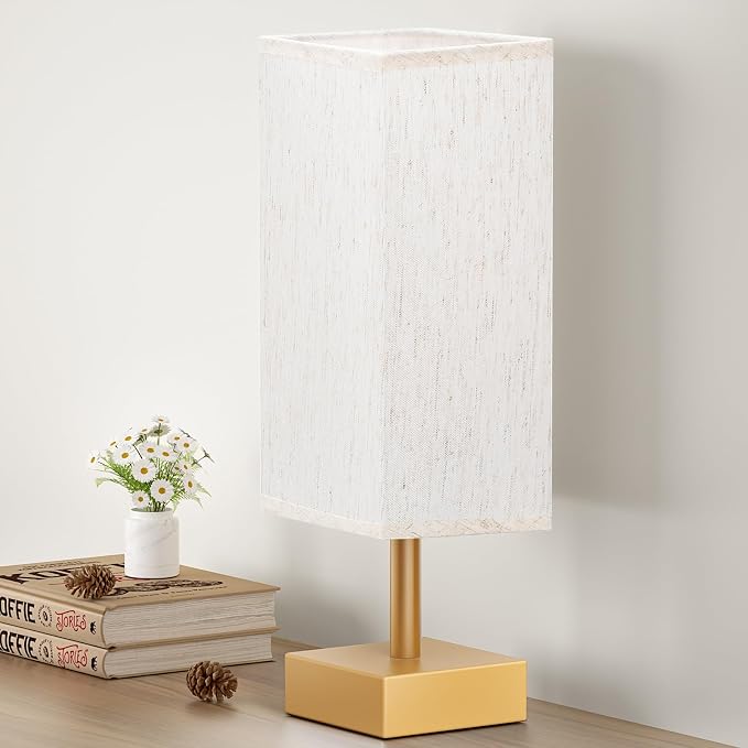 aooshine Gold Small Table Lamp - Bedside Lamp for Bedroom, Minimalist Nightstand Lamp with Square Fabric Shade, Desk Lamp for Kids Room Dorm | Inline Rocker Switch, Corded Electric, Bulb Not Included, 12.8" Mini Table Lamp for Nightstand, Desk, Dorm, O...
