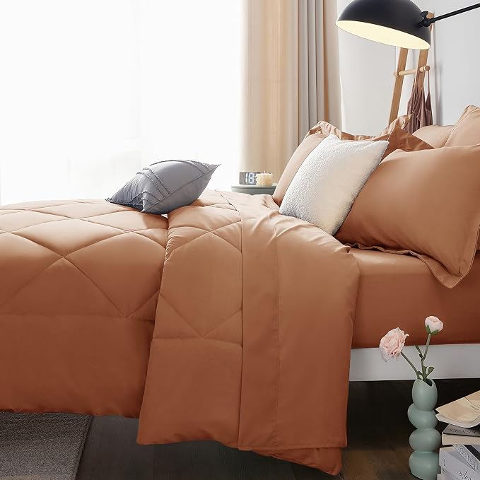 King Size Comforter Set Pumpkin - 7 Pieces Complete Bedding Set | OEKO-TEX Certified, All Season, 240GSM Down-Alternative Comforter, Sheets, Pillowcases & Shams, 14" Deep Pocket, Easy Care