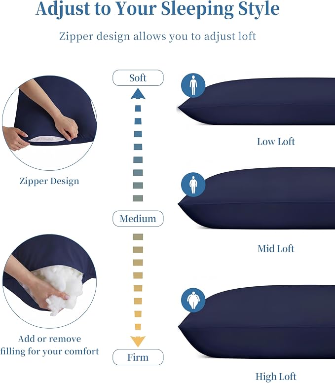 YZ HOME Full Body Pillow Insert -Large Long Bed Pillow for Side Sleeper | Full Body Pillow for Adults, Adjustable Height, Long Sleeping Breathable Bed Pillow-(Navy, 20x54'')