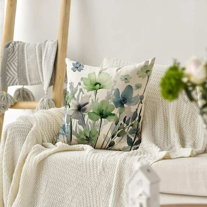 AVOIN colorlife Poppy Flowers Chinoiserie Throw Pillow Cover 18x18 Inch | Blue Sage Green Seasonal Leaves Cushion Case Decoration for Sofa Couch Farmhouse