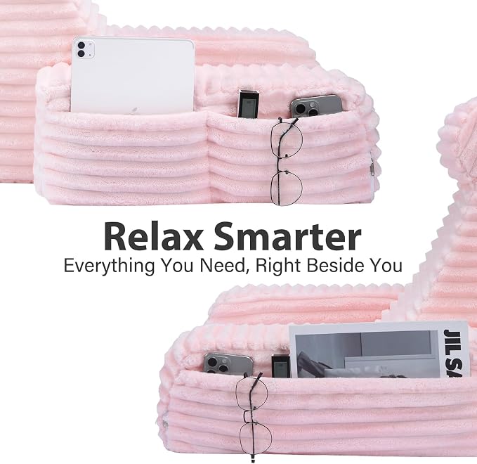 ENITYA 22" XL Back Pillow for Bed Sitting Up with Armrests & Big Pockets | Supportive Reading Pillow with Removable Washable Cover, Ideal for Bedroom, Living Room, Dorm, Modern Style, Pink