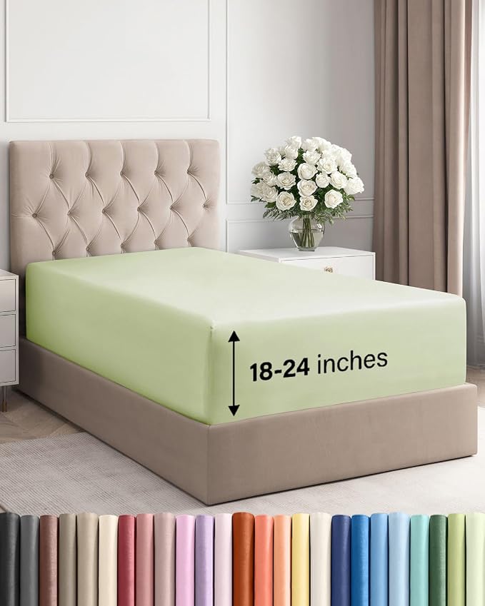 Extra Deep Twin Fitted Sheet - Single Fitted Sheet Only - Light Sage Green | Easily Fits 18 inch to 24 inch Mattress, Soft, Wrinkle Free, Breathable & Comfy, Extra Deep Pockets Hotel Luxury Fitted Sheet