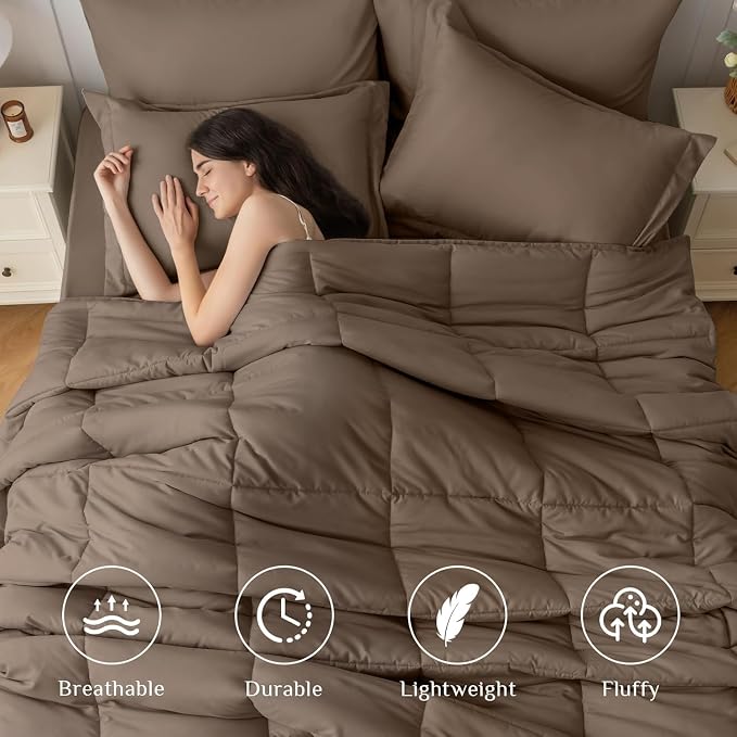 JOLLYVOGUE Oversized Queen Comforter Set, Ultra-Soft Bed in a Bag Oversized Queen Size 7 Pieces, Oeko-TEX Certified Bedding Set with Down Alternative Comforter, Sheets, Pillowcases & Shams, Brown
