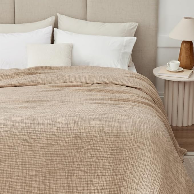100% Cotton King Size Blankets for Bed 108" x 90", 6 Layers Cooling and Soft Muslin Throw Blanket, Lightweight Quilt Bedspread Coverlet, Gauze Blanket for Adults All Season, Linen Beige