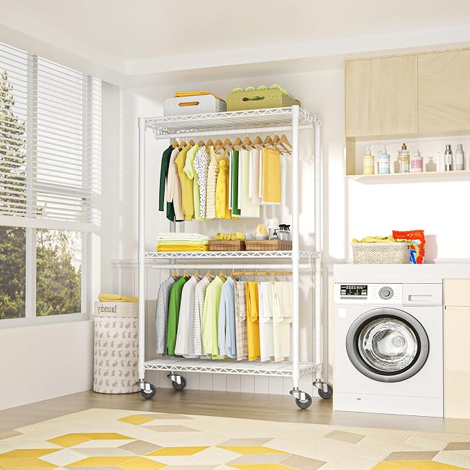 FUTASSI Rolling Clothes Rack, Clothing Racks for Hanging Clothes, White | P3 Heavy Duty Garment Rack with Wheels, Freestanding Portable Closet Racks 39.4'' W x 14'' D x 78.5'' H, Max Load 470 LBS