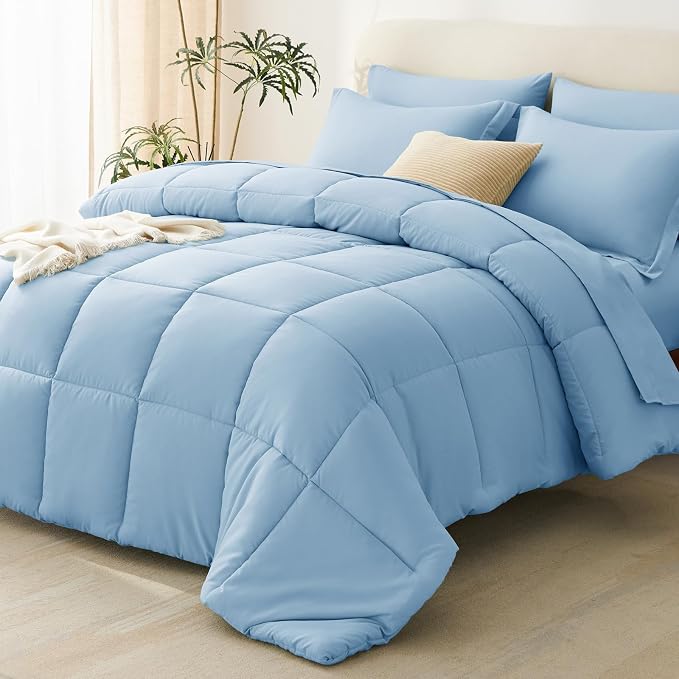 Full Size Comforter Sets, 7-Piece Bed in a Bag, Baby Blue | OEKO-TEX Certified, Box-Stitched Design, 240 GSM Down Alternative Fill, All-Season Comfort, Sheets, Pillowcases & Shams
