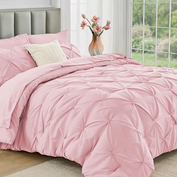 JOLLYVOGUE California King Comforter Set 7 Pieces - Bed in a Bag Cal King for All Season, Pintuck Bedding Comforter Sets with Comforter, Flat Sheet, Fitted Sheet and Pillowcases & Shams, Baby Pink