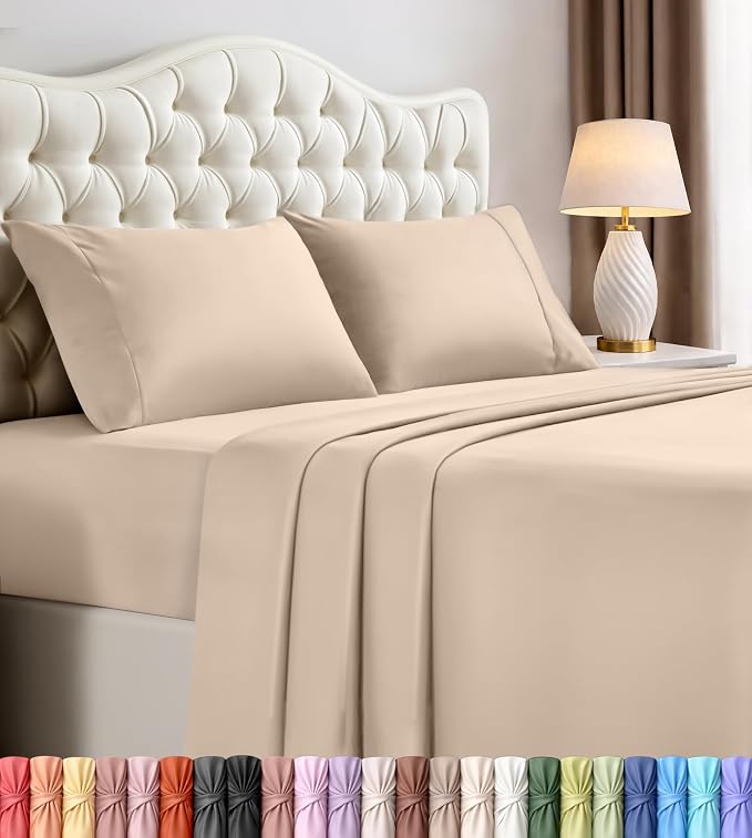 California King Sheets Set, 4 Pieces 16" Deep Pocket Bed Sheets, Beige | Extra Soft Bedsheet Set, Comfy & Breathable Cooling Sheets, Wrinkle & Fade Resistant, Fitted Sheet, Flat Sheet, 2 Pillowcases