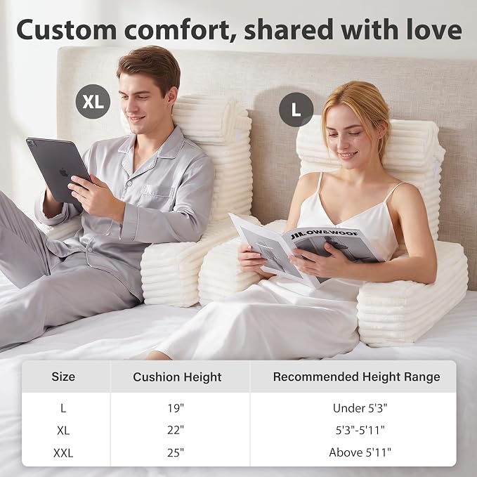 ENITYA 19" Large Back Pillow for Bed Sitting Up with Armrests & Big Pockets | Reading Pillow for Sitting in Bed Adult, Back Support Wedge for Reading/Resting/Post Surgery/Watching TV/Gaming,Ivory