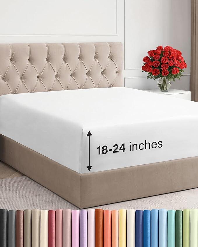 Extra Deep Queen Fitted Sheet - Single Fitted Sheet Only - White | Easily Fits 18 inch to 24 inch Mattress, Soft, Wrinkle Free, Breathable & Comfy, Extra Deep Pockets Hotel Luxury Fitted Sheet