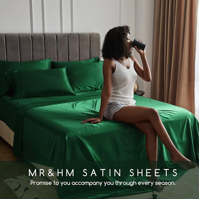 MR&HM Satin Sheets King Size with Elastic Corner Straps, Dark Green | Similar to Silk, 6-Piece Silky Soft Bed Sheet Set, Gentle on Skin and Hair, 15" Deep Pocket, Cooling & Breathable
