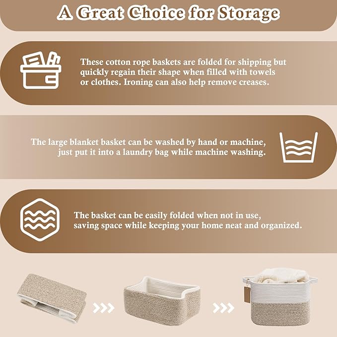 Goodpick Woven Rope Storage Basket for Shelves, White & Camel Mix | 13" × 10" × 9" Stylish Gift Basket for Home Decor, Cotton Rope Baskets for Toys & Magazines Storage, Reinforced Handles
