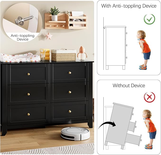 Garvee 6 Drawer Dresser for Bedroom, 47.2" Wide Modern Large Chest of Drawers with Metal Knobs, Wooden Clothes Storage Organizer for Closet, Nursery, Living Room, Apartment, Black | Lacquered Finish, Metal Knobs, Clothes Storage Organizer for Closet, N...