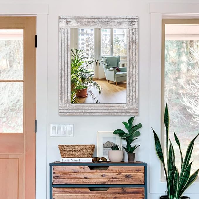 Wall Mirror Rustic Wooden Frame Rectangle Mirror Vintage Hanging Mirror for Bedroom Bathroom Living Room Farmhouse Wall Decor Large 26" x 18"