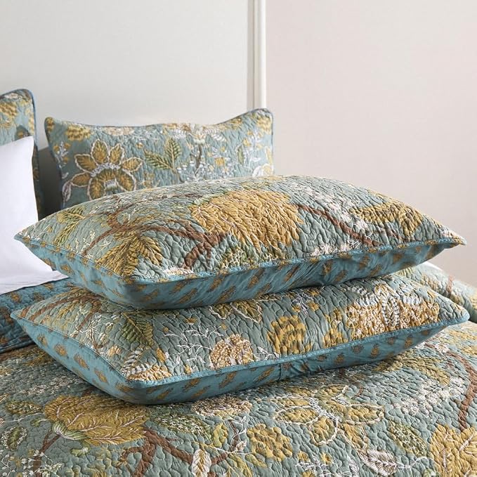 ENASAL Cotton Bedspread Quilt Sets Reversible Bedding Coverlet Sets Comforter, Vintage Floral Farmhouse Pastoral Turquoise Bedspread, King Size